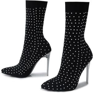 Womens Black Rhinestone Sock Boots Stretch Stiletto Heels Pointed Toe Size 8.5